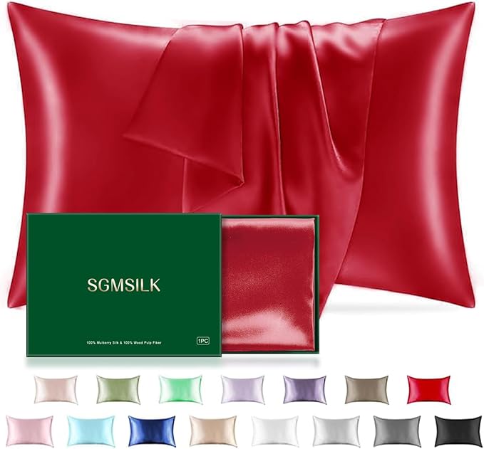 Mulberry Silk Pillowcase for Hair and Skin, SGMSILK 22 Momme Natural Silk Pillow Cases with Zipper, 6A Soft and Smooth Single Sided Pure Silk Pillow Cover (Red, Queen 20"x30")