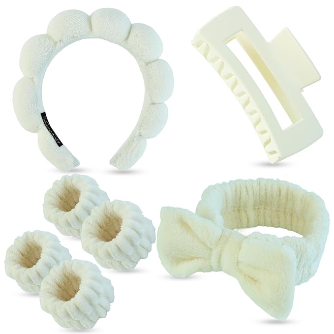 7 Pcs Spa Set, Facial Headband and Wristband Set, Skincare Accessories, College Style Girl Idea Gifts, Hair Accessories for Women and Girls（Light Beige）
