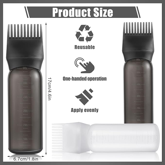 Pimoys 2 Pack Root Comb Applicator Bottle 6 Ounce Oil Applicator for Hair Dye, Hair Oiling Applicator Hair Coloring Bottle with Graduated Scale, Black and White