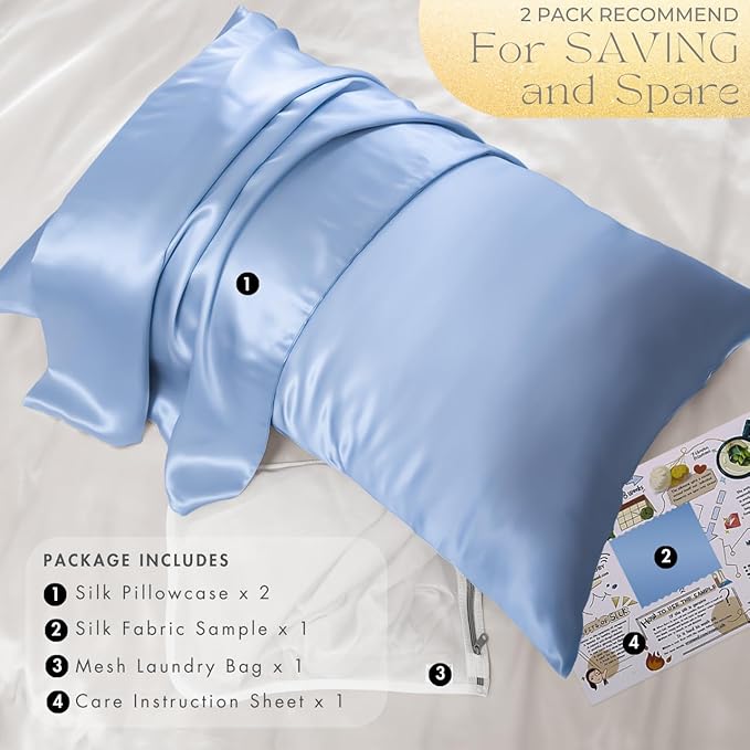 PROMEED 100% Mulberry Silk Pillowcase Set of 2, Both Sides Natural Silk Pillow Case 2 Pack Cooling Pillow Cases for Hot Sleepers, Hidden Zipper Closure (Queen 20"x30", Light Blue)
