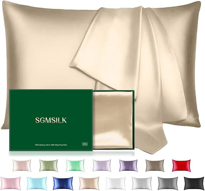 Mulberry Silk Pillowcase for Hair and Skin, SGMSILK 22 Momme Natural Silk Pillow Cases with Zipper, 6A Soft and Smooth Single Sided Pure Silk Pillow Cover (Champagne, Standard 20"x26")