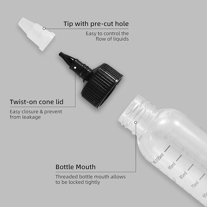 driew Applicator Bottles for Hair, 16.9oz Hair Squeeze Bottle for liquids Twist-On Top Tip Cap with Ratio Graduated Scale Color Applicator Bottle Dye Pack of 2 (4oz)