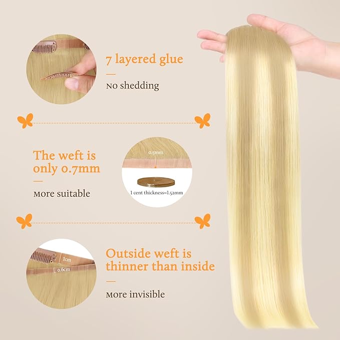 DOORES Hair Extensions Seamless Clip in Human Hair, DirtyBlonde Mixed Platinum Blonde 110g 7pcs 16 Inch, Invisi Edge Hair Extensions Real Human Hair Clip in Remy Straight Hair