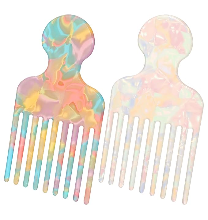 2Pcs Afro Pick, Wide Hair Pick Comb Afro Styling Tool for Curls Detangling Lift, Unisex Portable Grip Textured Scalp Massage Comb