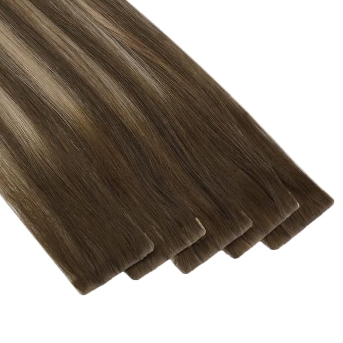 Full Shine Virgin Tape in Hair Extensions Human Hair 5Pcs Color 4/27/4 Balayage Invisible Tape in Extensions 22 Inch Remy Injection Tapes in Human Hair for Women 12.5 Gram Hair Extensions