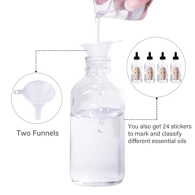 12 Pack 4oz Clear Glass Bottles with Glass Eye Droppers for Essential Oils, Perfumes & Lab Chemicals (1 Brush, 2 Funnels, 2 Extra Droppers, 24 Pieces Labels & 30ml Measuring Cup Included)