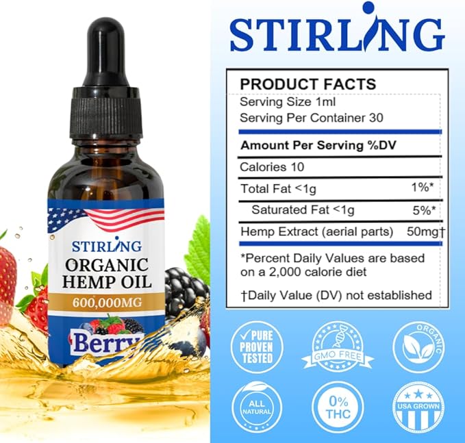 STIRLING Organic Hemp Oil - 600,000mg Natural Berry Flavor - Enhances Sleep and Helps Reduce Discomfort - THC-Free, Non-GMO, Gluten-Free, High in Omega 3 6 9 - Premium U.S. Hemp Seed Oil
