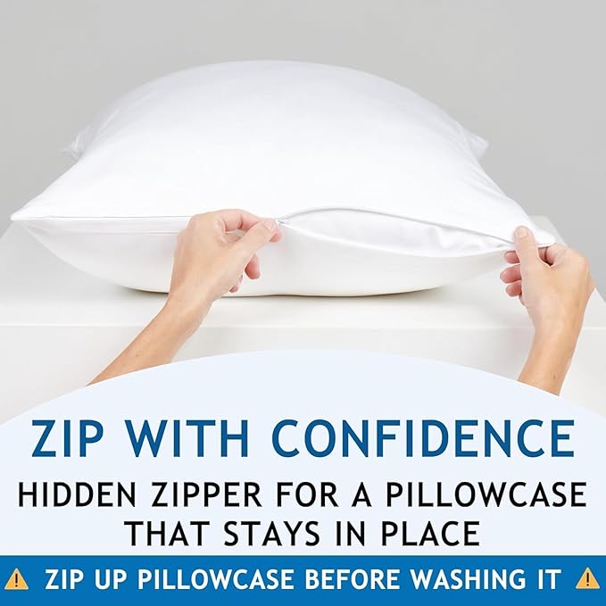 Pillow Cases - 100% Viscose Derived from Bamboo - Cooling Pillowcase - Standard Size, White, Set of 2 Zippered - for Hot Sleepers - Soft Pillow Covers - by Vegan Silk
