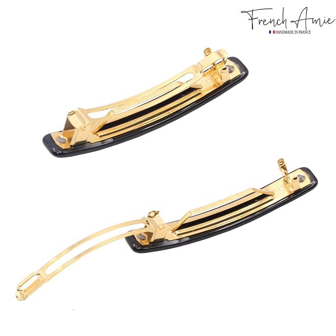 French Amie Small 2 1/4 inch Celluloid Handmade Hair Barrette No Slip Grip Durable Styling Women Hair Accessories Hair Clip for Girls, Made in France(Black)
