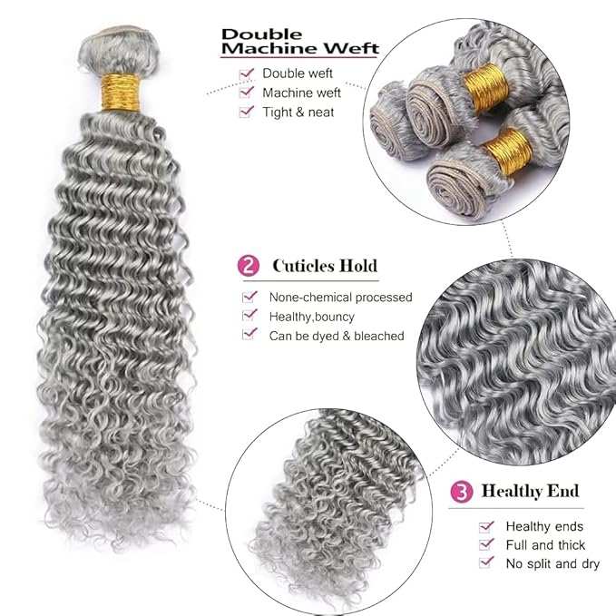 Grey Bundles Human Hair Silver Deep Wave Bundle Niegmeag Brazilian Virgin Remy Hair 3 Bundles 24 26 28 Inch Double Weft Soft And Silky Gray Deep Wave Bundle