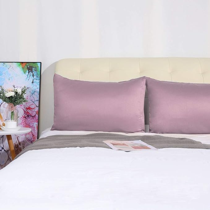 uxcell 2 Pack Silk Satin Pillowcase for Hair and Skin, Cool, Silky, Soft Breathable Pillow Cases King Size 20x36 Inch Sateen Pillowcase Mauve with Envelope Closure