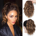 Ponytail Extension-12 Inch Drawstring Ponytail Hair Extensions for Women Synthetic Curly Wavy Fake Pony Tails Hair Pieces for Daily Party Use (Chestnut Brown Mix Golden Highlights)