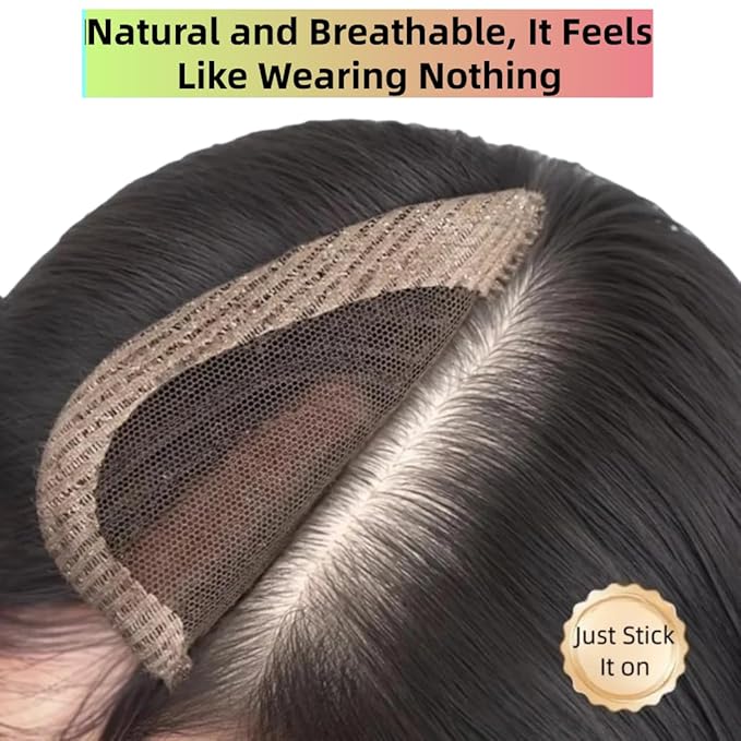 Anemone No Clips Human Hair Topper Piece Fringe Bangs for Women Wrap-Around Magic Paste with Invisible Lace for Natural Hair Loss Coverage (Dark Brown Lace French Bangs)