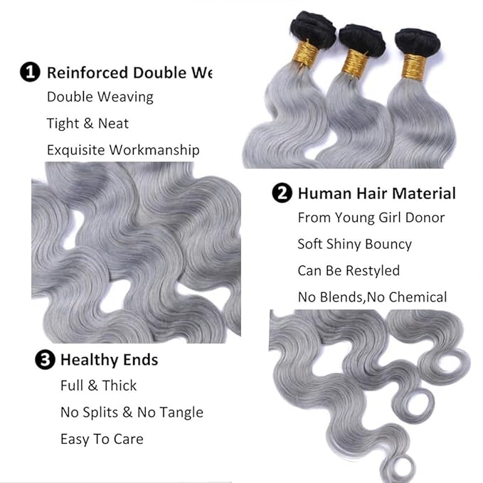 30 32 34 Inch Ombre Bundles Human Hair Grey Body Wave Bundle Brazilian Virgin Remy Hair Extensions Double Weft 2 Tone Black and Silver Body Wave Bundle Hair Weave 300g