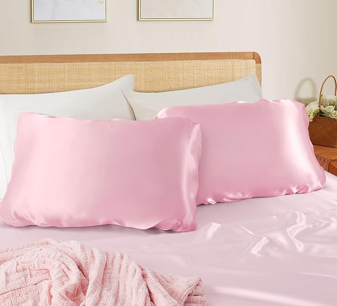 SiinvdaBZX Blush Pink Satin Pillowcase Standard/Queen Size Set of 2, Silky Travel Elastic Band Satin Pillow Case for Hair and Skin, Soft Portable & Fit for Various Pillow