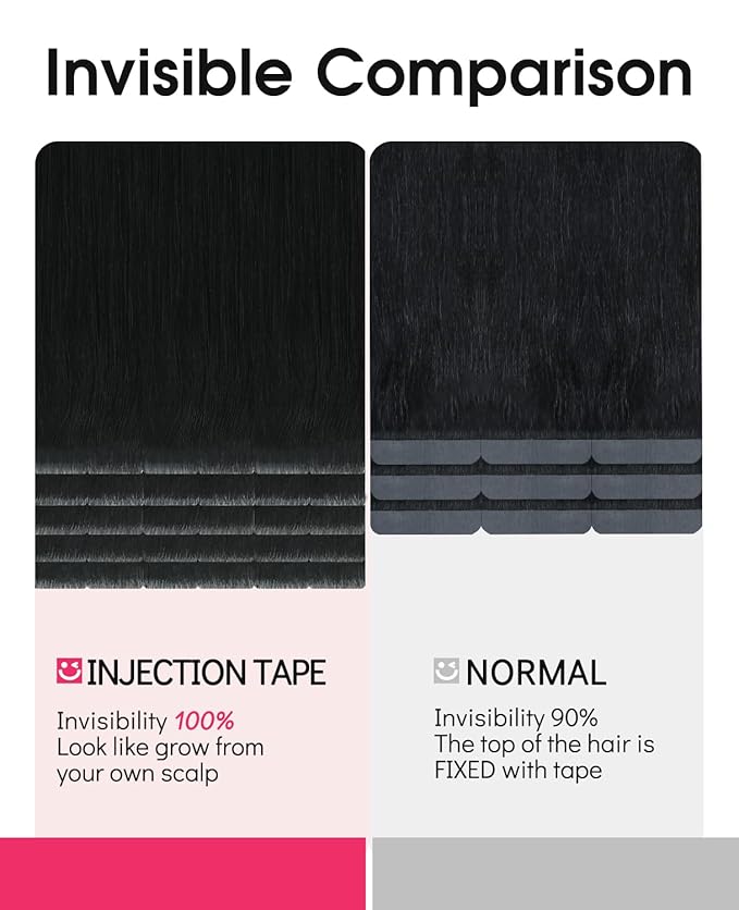 Youngsmile Injection Tape in Hair Extensions Real Human Hair, #1 Jet Black 20 Inch Invisible Edge Tape in Injected Hair Extensions, 20pcs 45g, Straight Remy Virgin Human Hair Tape ins (#1,20'')