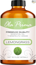 Ola Prima Lemongrass Essential Oil for Aromatherapy, Diffuser, Cleaning, Skin, Hair Health, Relaxation, Soap & Candle Making (16oz Bulk)