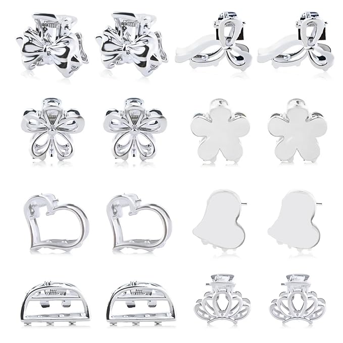 16Pcs Mini Metal Hair Claw Clips for Women, Gold Silver Small Bangs Claw Clips for Long Thin Hair, Tiny Cute Flower Barrettes(Silver)