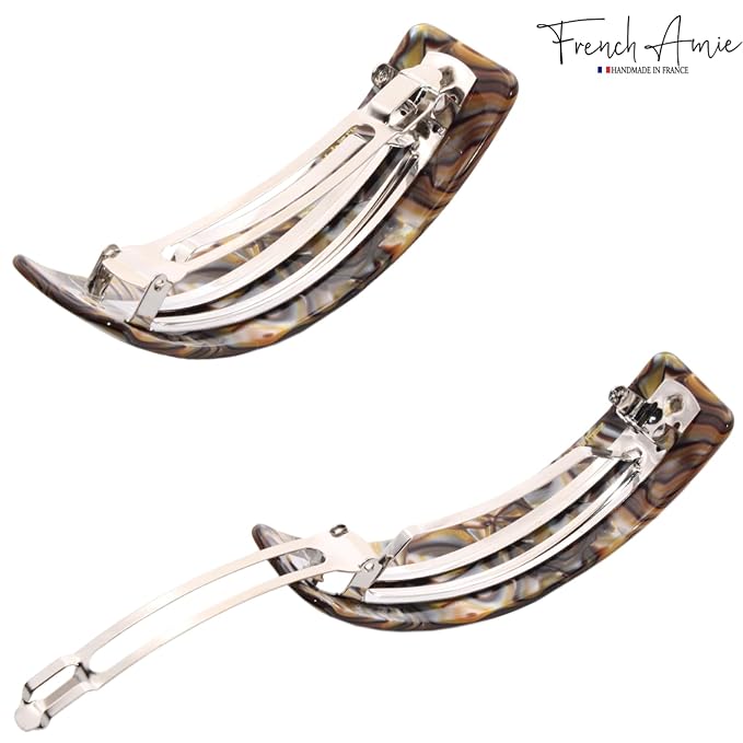 French Amie Curved Onyx Large 3 ¾” Handmade Celluloid Automatic Volume Hair Clip Barrette (Onyx Silver Grey)