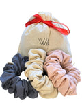 Handmade Linen Scrunchie Bundle for Women – Set of 3 Neutral Hair Ties – 100% Linen Fabric, Gentle on Hair, Woman Gift Set (Aura)