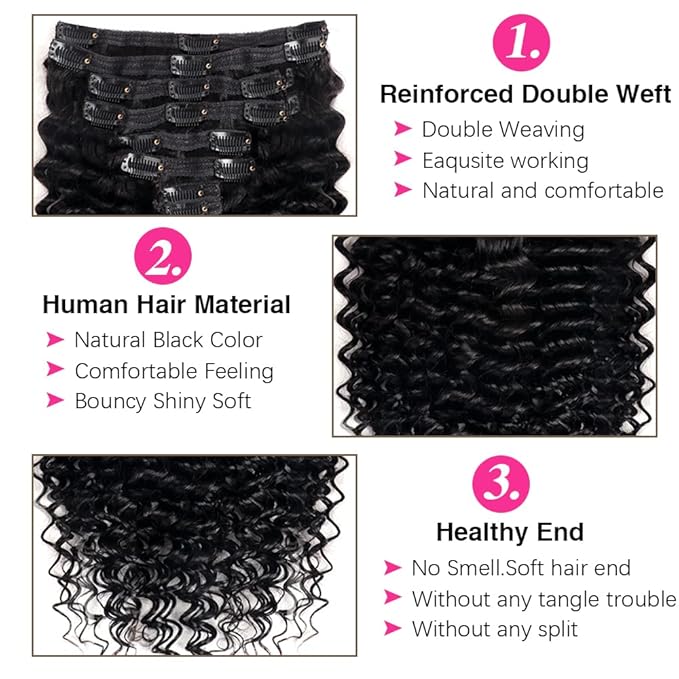 Deep Wave Clip in Hair Extensions Real Human Hair Brazilian Virgin Human Hair Clip in Extensions for Black Women 8Pcs Remy Hair with 18Clips 120g (16inch, Natural Black)