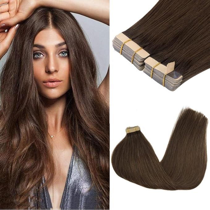 GOO GOO Tape in Hair Extensions Human Hair, 4A Chocolate Brown, 22inch 100g 40pcs, Skin Weft Seamless Invisible, Silky Straight with Thick Ends, Remy Human Hair
