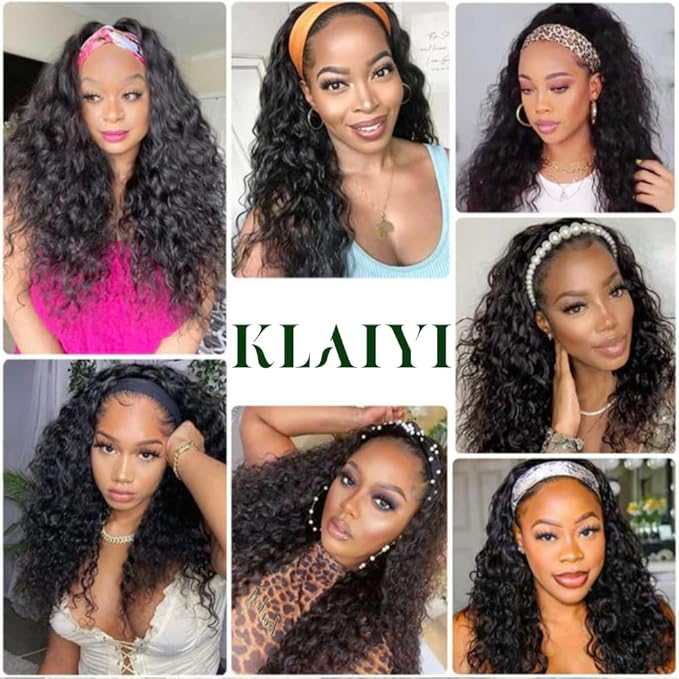 KLAIYI Human Hair Water Wave Curly Non Lace Front Wigs for Black Women, Deep Wave Glueless Wear and Go Half Wig, 30S Ready to Go Wig with Band, Beginner Friendly, 20Inch