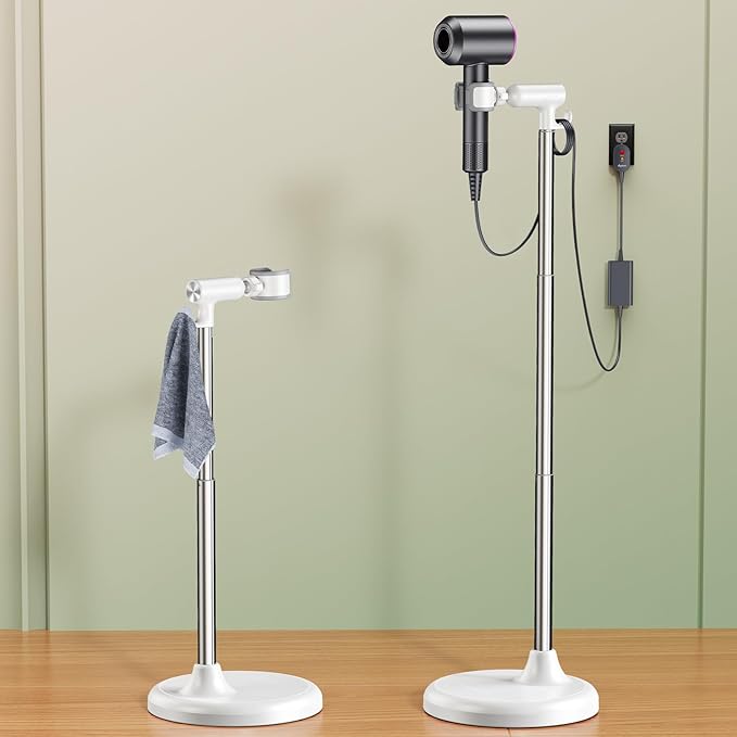Hands Free Adjustable Hair Dryer Stand, 17-51in Height & 360° Swivel, for Countertop and Floor Use, Heavy-Duty Blow Dryer Holder with Hook, Fits Most Hair Dryers for Home, Vanity, Bathroom