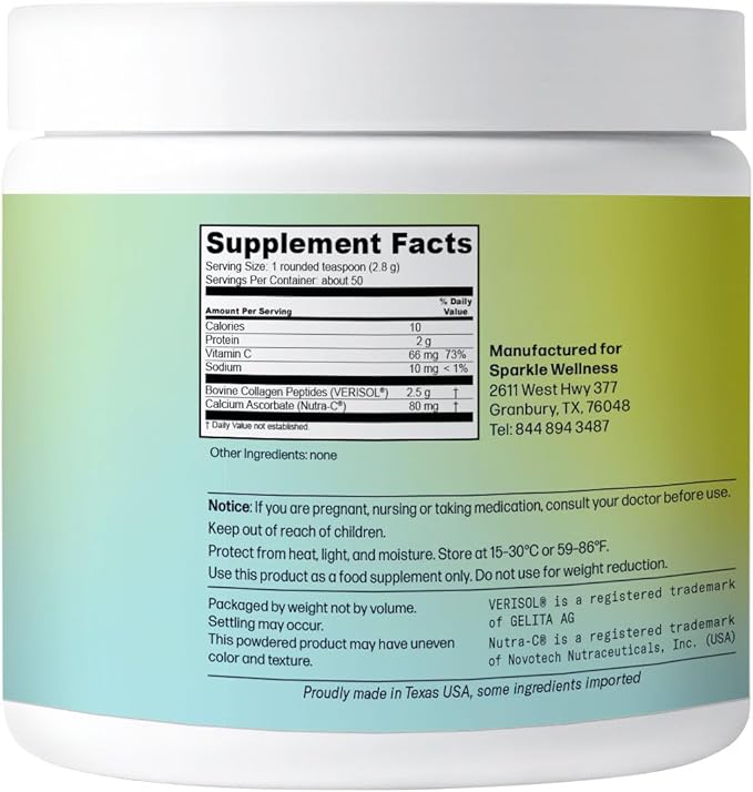 Sparkle Wellness VERISOL Bioactive Hydrolyzed Collagen Peptides | Collagen Powder Supplement with Vitamin C for Skin, Hair & Nail Health | Skin Boost (No Flavor) [50-Serves]