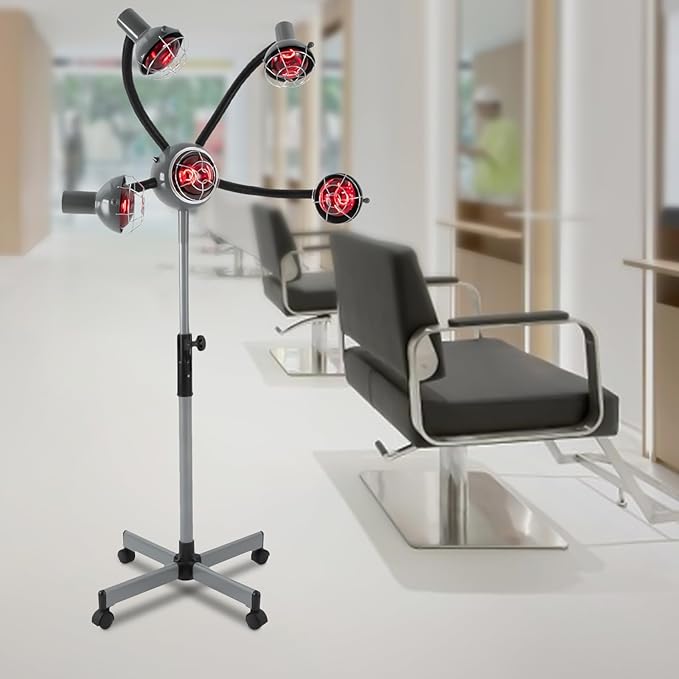 5 Head Infrared Heat Lamp, Adjusting Height Styling Perming Dryer, Salon Heat Lamp Headed Lamp with Rolling Wheels, Multifunction Infrared Lamp Hair Dryer Hair Color Processor Machine (Silver-Grey)