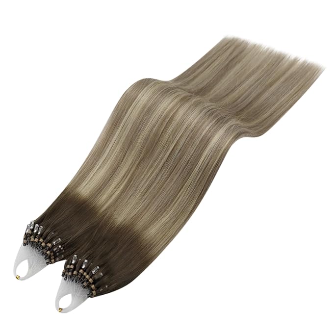YoungSee Micro Link Hair Extensions Human Hair Balayage Micro Bead Hair Extensions Real Human Hair Brown Ombre Blonde Micro-Ring Hair Extension 14In Bead Hair Extension for Short Hair 50s/50g