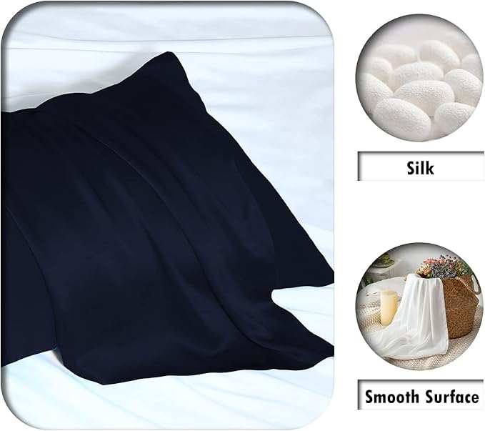 Natural Mulberry Silk Pillowcase for Hair and Skin Pillow Case with Hidden Zipper Soft Breathable Smooth Cooling Covers Sleeping(Navy Blue,Standard,1Pcs)