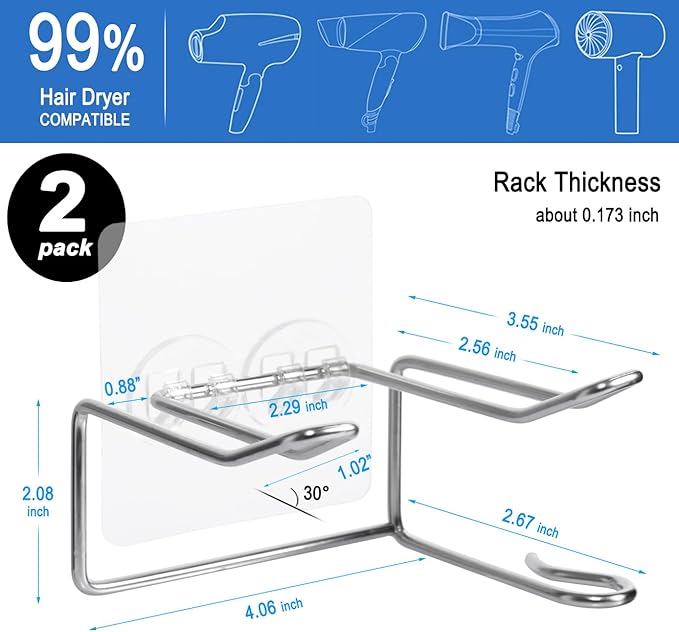 2 Pack Hair Dryer Holder, Wall Mount Self Adhesive Waterproof Blow Dryer Rack Storage Organizer Hanger, Compatible with Dyson and Most Hair Blower Appliance, Curling Iron, Straighteners, Brush