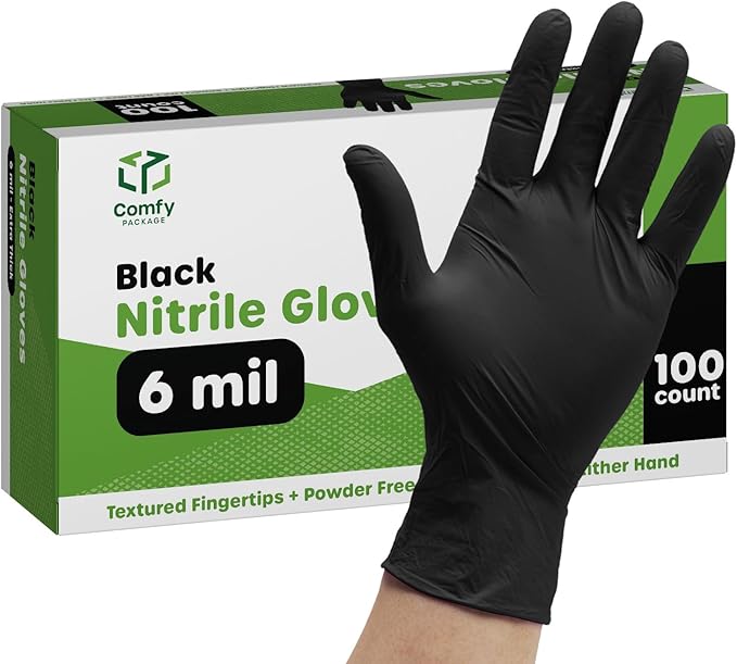 Comfy Package Black Nitrile HEAVY DUTY 6 Mil. Chemical Resistance, Latex & Powder Free, Textured Fingertips Disposable Gloves