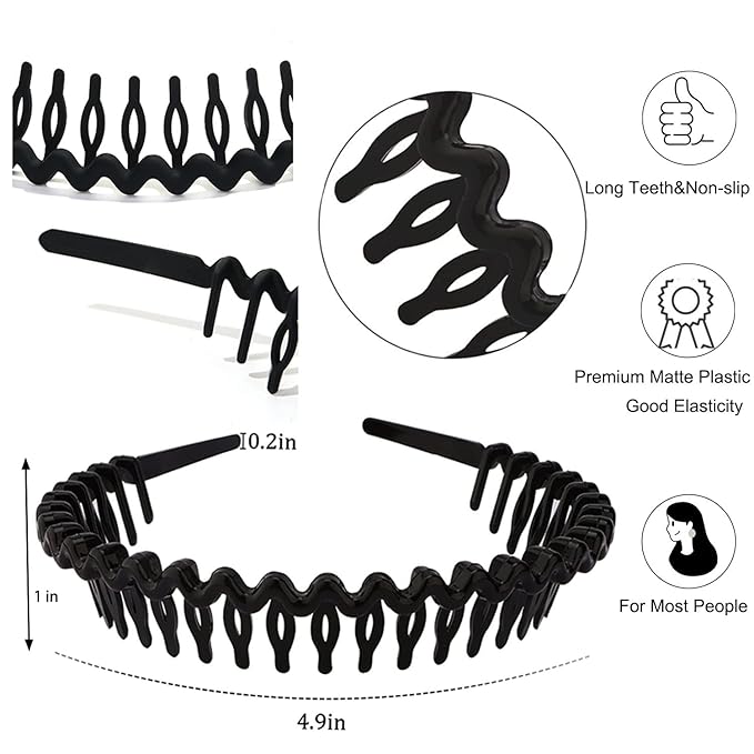 LAPOHI 8 PCS Non Slip Fashion Effortless Plastic Headbands with Teeth Comb Skinny Hair Accessories Bands for Women Men Teen Girls, Long Teeth Matte Black