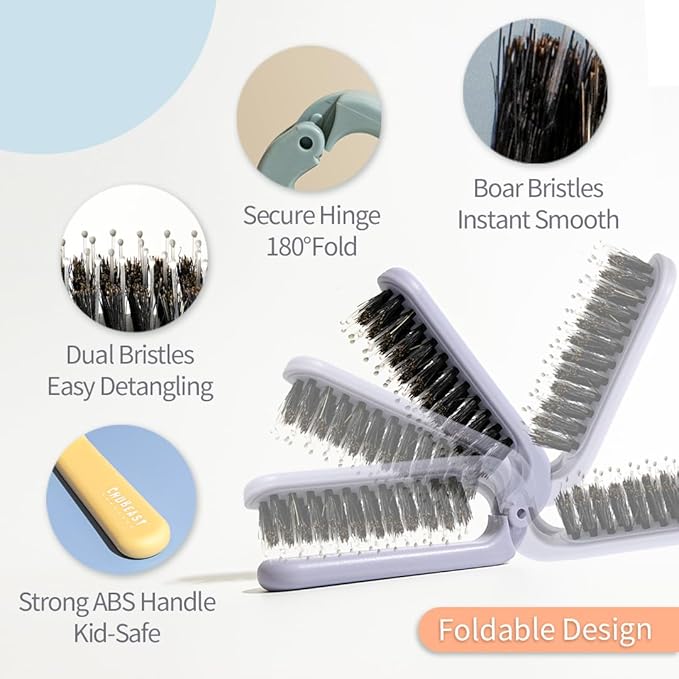 Uffy MiniPop Travel Hair Brush – Mini Folding Boar Bristles for Women, Men & Kids | Kid-Friendly Compact Comb for Wet & Dry Hair, Curly or Straight | Pocket-Size Detangler - Hot Pink on Black