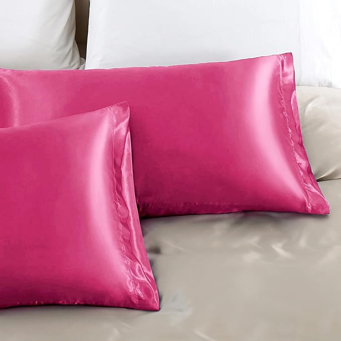Aormenzy Satin Pillow Cases for Women Queen Size Set of 2, Hot Pink Satin Pillowcase for Hair with Envelope Closure Silky Pillow Covers Wrinkle, Fade Resistant (20x30 Inches)