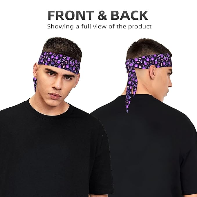 Boys Girls Cool Sports Sweat Band Head Decor for Running Athletic Spa, Long Multipurpose Gothic Magic Witch Witchy Trippy Purple Mushrooms Head Ribbon Headdress