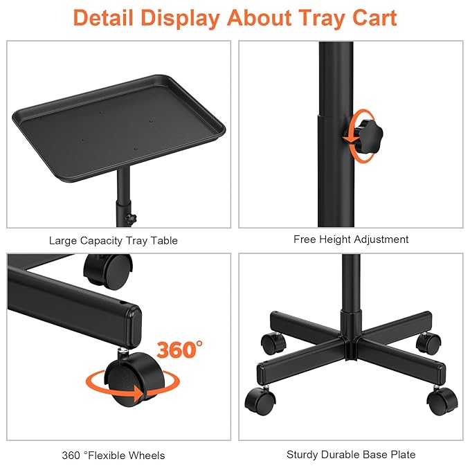 JOSTZHXIN Salon Rolling Tray, Premium Aluminum Tattoo Tray, Salon Rolling Cart Adjustable Height, SPA Service Rolling Trolley Tray for Beauty Hairstylist Dental Clinic,Black