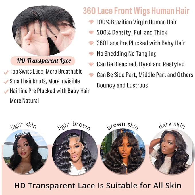 360 Lace Front Wigs Human Hair Body Wave 200% Density Upgraded Hidden Straps 360 HD Full Lace Wigs Human Hair With Drawstring Pre Plucked With Baby Hair for Women Natural Black 32 Inch