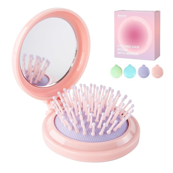 RHOS Folding Brush with Mirror for Women, Girls - Compact Pocket Portable Hair Brush with Soft Nylon Bristles for Purse and Travel (Pink)