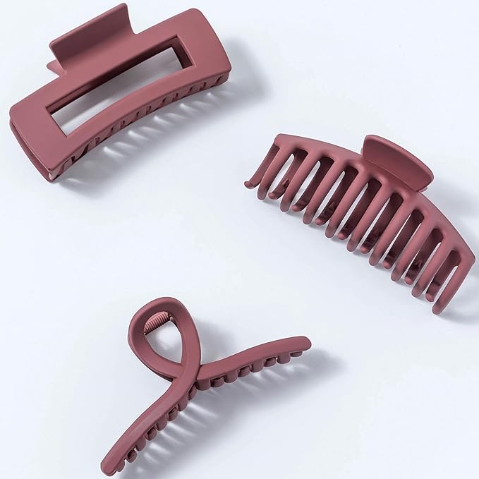 Burgundy Large Hair Claw Clips for Thick/Fine/Thin Hair, Strong Holding Teeth Interlocking Maroon Women Jaw Clips 3 Count Set-Oxblood