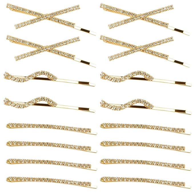 16 Pieces Rhinestone Bobby Pins, Fancy Metal Hair Clips, Crystal Shiny Barrettes, I S X Shaped Diamond Hair Accessories for Women Girls Wedding Prom Party (Gold)