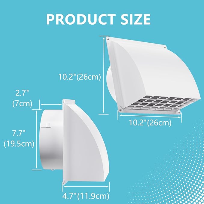 8 Inch Wall Vent Cover, HG Power Metal Exhaust Vent Cap Outside with Removable Screen & Cushioned Non-Return Flap for Home Wall, Kitchen (White)
