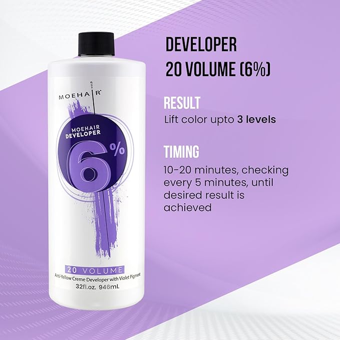 MOEHAIR Hair Color Developer 6% Hydrogen Peroxide | 20 Volume Cream Developer for Hair Coloring and Bleaching | Advanced Anti-Yellow Action | Salon-Grade | Paraben-Free | Peach Fragrance – 32 Fl. Oz