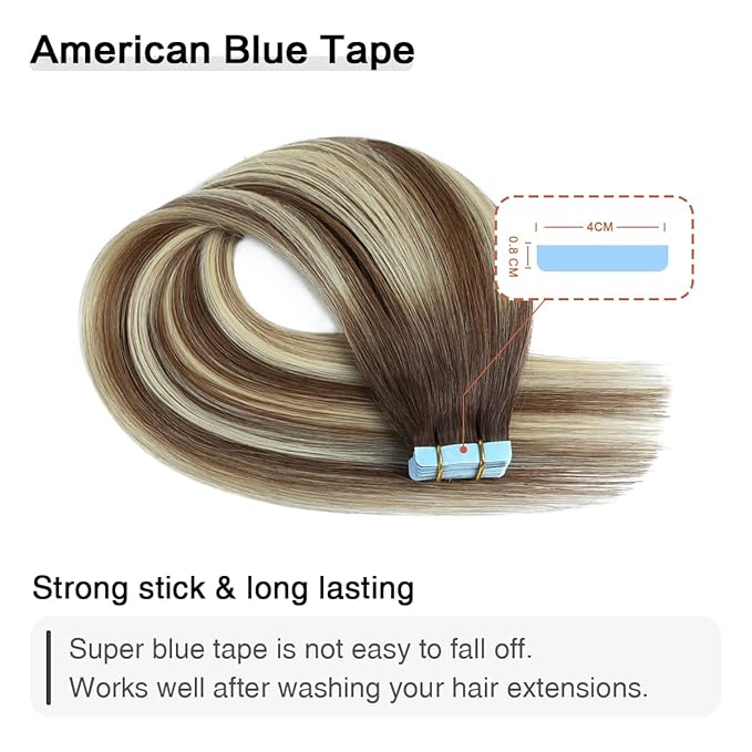 SUYYA Tape in Hair Extensions Human Hair Balayage Chocolate Brown to Bleach Blonde and Chestnut Brown 40g/pack 20pcs Straight Seamless Skin Weft Tape in Real Human Hair Extensions(16inch #P6/613/T4)
