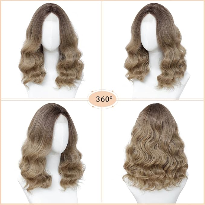 Ombre Blonde Wig for Women, 18 Inch Middle Part Wavy Curly Wigs Synthetic Heat Resistant Soft deep wave Wig for Women Daily Use (Ombre Blonde, 18 Inch)