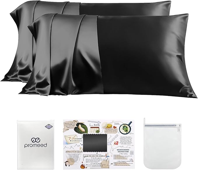 PROMEED 23 Momme Silk Pillowcase 2 Pack with Zipper, 3rd Gen Grade 6A+ 100% Mulberry Silk Pillow Case Set of 2, Cooling Pillow Cases for Hot Sleepers (Queen 20"x30", Black)