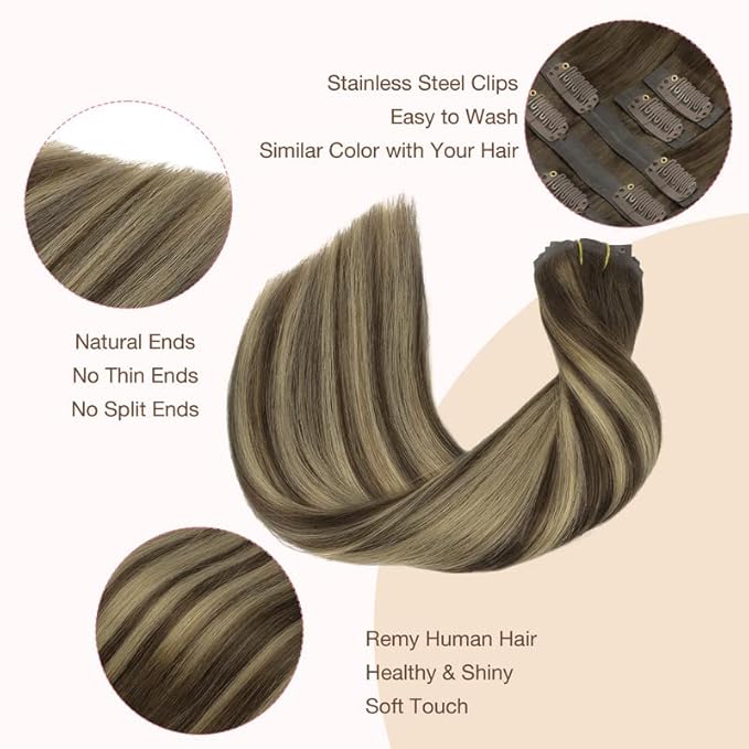 GOO GOO Clip in Hair Extensions Real Human Hair, Remy Human Hair Extensions Clip ins for Women, Natural Human Hair, 18inch 110g 7Pcs, 4/26/4 Balayage Chocolate Brown to Honey Blonde