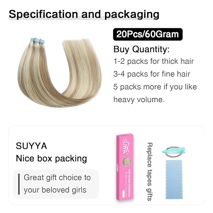 SUYYA Tape in Hair Extensions Human Hair Ash Blonde Highlighted Bleach Blonde 30 Inch 60g/pack 20pcs Straight Seamless Skin Weft Tape in Real Human Hair Extensions (30 inch #P18/613)